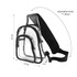 A clear PVC crossbody backpack with black straps, featuring a spacious main compartment and front pocket.