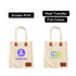 A beige canvas bag with leather handles, featuring a logo on each side and a magnetic snap closure.
