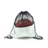 A drawstring mesh backpack in white with a black top, holding a basketball inside. It has a logo.