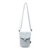 A small size canvas shoulder bag in light blue with an adjustable strap and a flap closure. Features a branding logo.