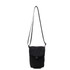 A small black canvas shoulder bag with a long strap and a flap closure. It features a branded logo.