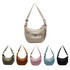 A collection of Dumpling Crossbody Bags in beige, olive green, brown, pink, light blue, and black, featuring a logo.