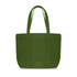 A green canvas zippered tote shoulder bag with two handles and a spacious design. Features a logo on the front.