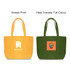 A yellow canvas zippered tote bag with a logo and an olive green canvas tote bag featuring a colourful design.