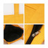 A yellow canvas zippered tote shoulder bag with black interior and a silver zipper. It has sturdy handles and features a logo.