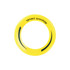 A frisbee in bright yellow with a black logo featuring a curved design.