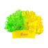 A vibrant afro headband wig featuring green and yellow curls, with a yellow band that has a logo.