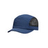 A blue short brimmed running cap with a mesh back and a curved visor, featuring a logo on the side.