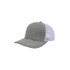 A grey trucker hat with a mesh back and curved visor. Features a logo on the front.
