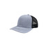 A grey mesh back trucker hat with a solid front and black mesh panels at the back.