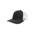 A black and white mesh back trucker hat with a curved brim and stitching details. It has a logo on the front panel.