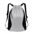A grey and black sports drawstring backpack with mesh sides and adjustable straps. Features a simple design and a logo.