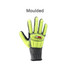 A pair of heavy-duty safety work gloves in bright yellow with textured grip and grey fabric. It has a logo.