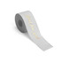 A roll of grey cotton ribbon featuring a gold hot stamped design. Includes a logo on the side.