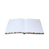 An open A5 notebook with blank white pages and a colourful edge design. The notebook has a branding logo. An open A5 notebook with blank white pages and a colourful edge design. The notebook has a branding logo.