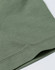 A close-up of a sage green cotton short-sleeve tee shirt featuring a stitched hem and a subtle logo.