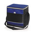 A cooler bag in black and royal blue, with a zippered top and adjustable shoulder strap, featuring a mesh side pocket.