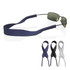 A pair of sunglasses with a navy neoprene strap, displayed with grey, black, and white strap options.