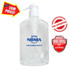 A clear plastic pump bottle containing hand sanitiser gel, featuring a logo on the front.