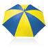 A 75cm umbrella featuring a bright blue and yellow striped design, with a black handle and a branded logo.