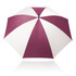 A maroon and white 75cm umbrella featuring a classic striped design and a black handle. It includes a logo.
