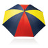A 75cm umbrella featuring a vibrant design in yellow, red, and navy blue with a central handle and branding.