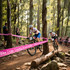 Two cyclists racing in a forested area, with pink promotional barrier tape marking the trail. Spectators can be seen in the background.