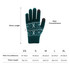 A pair of teal jacquard gloves with a snowflake pattern, featuring measured size details and a brand logo.
