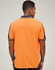A safety polo shirt in bright orange with navy accents and a collar, viewed from the back. It features a logo.