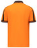 An orange short-sleeved polo shirt with black detailing and a logo on the chest.
