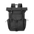 A black polyurethane roll top backpack with adjustable straps and side pockets. It features a sleek, modern design.