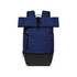 A blue and black roll top backpack featuring adjustable straps and a front zip pocket, with a logo present.