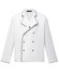 A white unisex executive chef jacket with a double-breasted design and black piping details.
