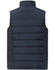 A navy blue men's sustainable insulated puffer vest with a 3D cut, featuring a simple design and a logo.