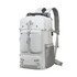 A convertible backpack in grey with dual straps, featuring multiple pockets and a roll-top design. 