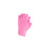 Fingerless gloves in bright pink with a knitted texture and a woven label. Ideal for children's clothing accessories.