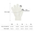 A pair of white knitted gloves with a woven label, displayed with measurements for size options.
