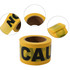 Yellow PE barrier tape displayed in a roll, featuring bold black lettering and a logo.