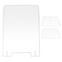 A clear personal protection screen with a rounded top and two smaller, matching stands beside it.