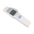 A touchless digital infrared forehead thermometer in white with a blue button and a digital display.