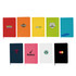A collection of colourful A5 notebooks in various shades, featuring different logos and branding on the covers.
