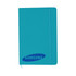 A turquoise A5 notebook with an elastic band closure and a logo on the front cover.