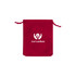 A red velvet drawstring bag with a logo at the front. A red velvet drawstring bag with a logo at the front.