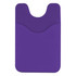 A purple phone wallet with a two-pocket design, featuring a logo on the front.