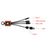 A square-shaped light-up charging cable in black and orange, featuring Type C, Apple Lightning, and Micro USB connectors. A square-shaped light-up charging cable in black and orange, featuring Type C, Apple Lightning, and Micro USB connectors.