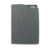 A grey A5 notebook with a textured cover, featuring a pocket and a logo on the front.