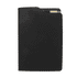 A black A5 notebook with a slim profile, featuring an interior pocket for notes or cards and a logo on the cover.