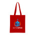 A red long handle cotton bag featuring a logo design. The bag has a spacious body for carrying items.