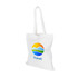 A white long handle cotton bag featuring a colourful logo and spacious design.