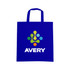 A blue cotton bag with short handles and a logo featuring abstract shapes and text.